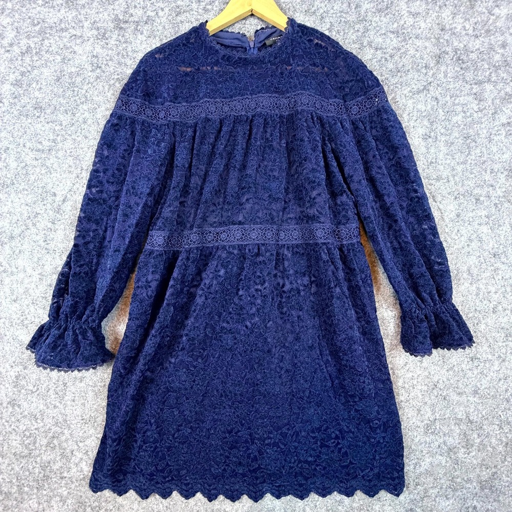 Tahari Asl Shift Dress Womens 10 Blue Chenille Floral Lace Modest Girly Feminine